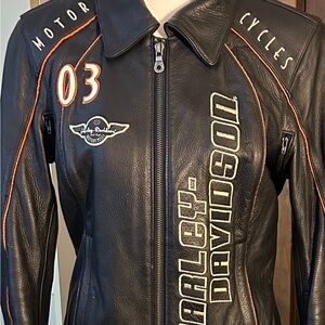 Harley-Davidson Vintage Black and Orange Leather Jacket for Women